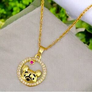 Disney Winnie The Pooh Necklace Charm Gold Plated Crystal Stone